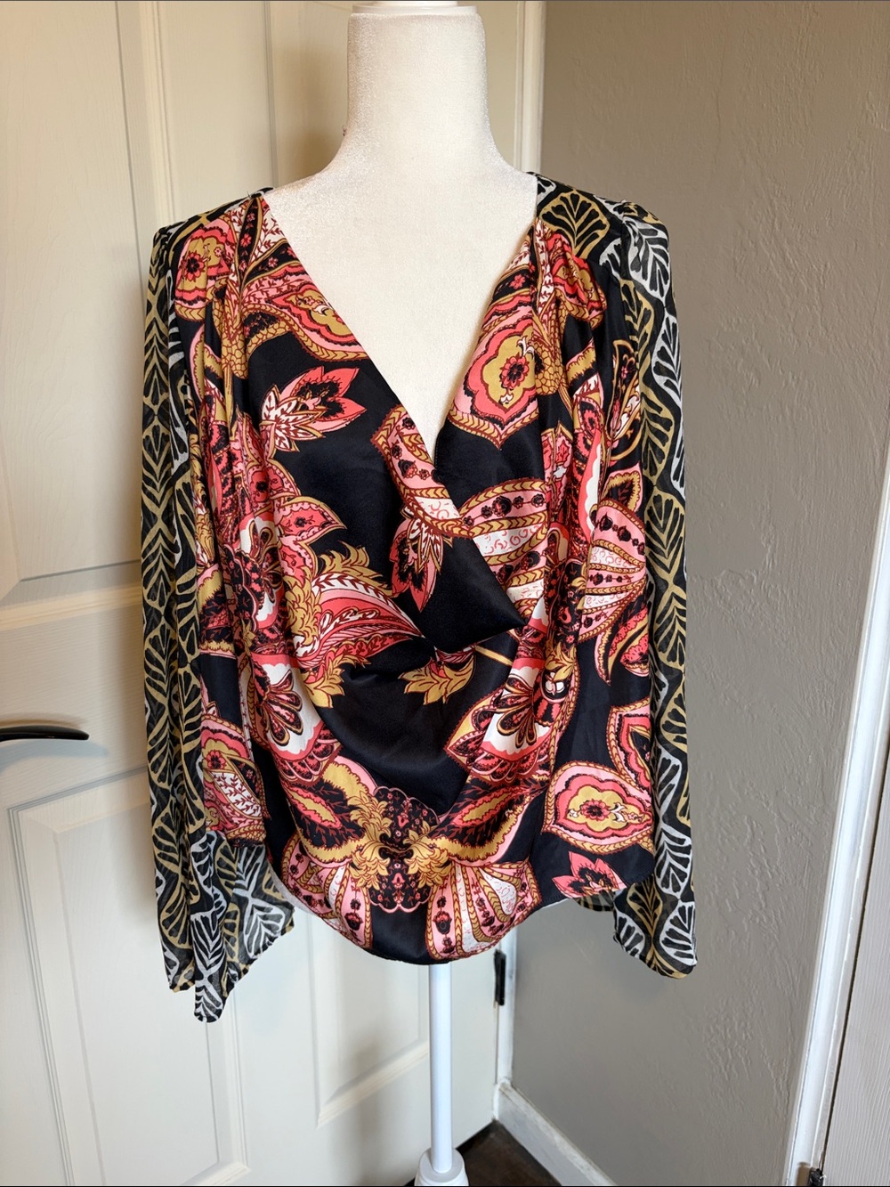 Free People Aleena sheer sleeves Black and Pink Paisley Cowl Neck Blouse